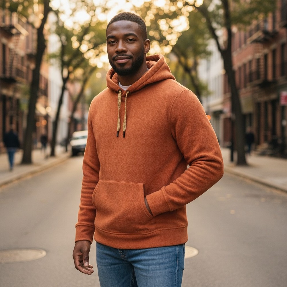 Orvis Mens Sherpa Hood Fleece Hoodie Burnt Orange Pullover Sweatshirt L 4454